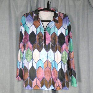 Pretty Bright Colored Half Zip Long Sleeve Stained Glass Pring Top S